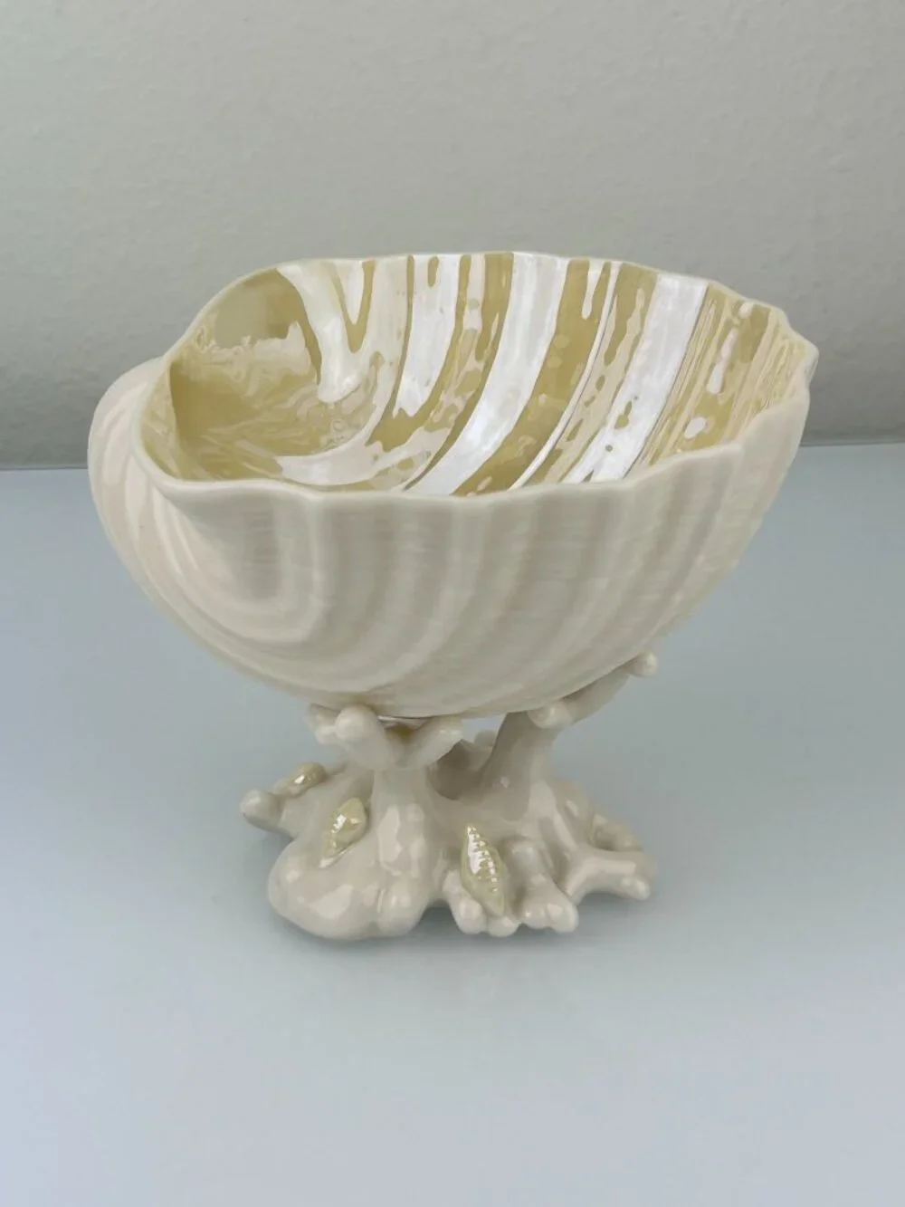 Belleek Ireland Cardium Shell On Coral Base Compote Candy Pedestal Bowl Beige
